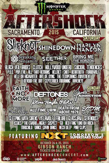 Monster Energy AFTERSHOCK Festival flyer with band lineup and venue information