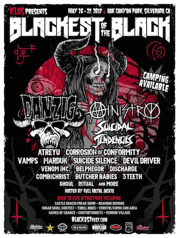 Blackest Of The Black flyer with band lineup, list of attractions, and venue details; background image of a skull with long hair and ram horns