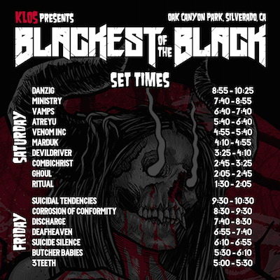 Blackest Of The Black set times. In the background,a comic book-style bloody, horned skull with smoke rising from its eyes.