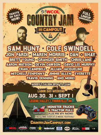 92.3 WCOL Country Jam + Campout flyer with music lineup and venue details