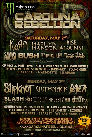 Monster Energy Carolina Rebellion flyer with daily band lineup and venue information