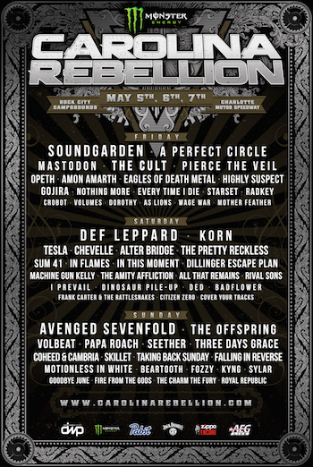Monster Energy Carolina Rebellion flyer with daily band lineup and venue details