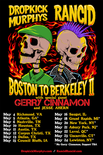 Dropkick Murphys & Rancid Boston To Berkeley Tour II flyer with tour dates. Artwork features a skeleton in green polo shirt and scally cap and skeleton in black leather jacket with purple mohawk, surrounded by hot rod style flames 