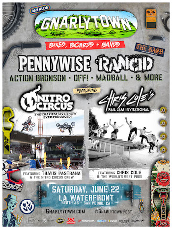 Gnarlytown flyer with music + action sports lineup and venue details