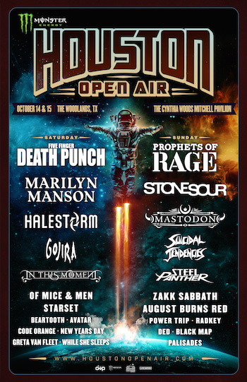 Monster Energy Houston Open Air flyer with daily band lineup and venue details