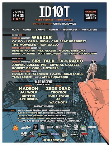 ID10T Music Festival + Comic Conival flyer with music & comedy lineup and additional festival details