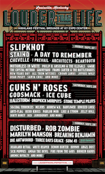 Louder Than Life flyer with daily music lineup and venue details