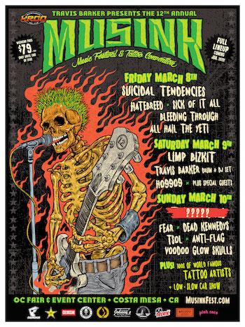 MUSINK flyer with band lineup and venue details. Image of a green-haired punk rock skeleton playing guitar and singing, surrounded by hot rod flames