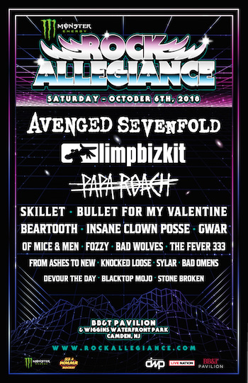 Monster Energy Rock Allegiance 2018 flyer with band lineup and venue details