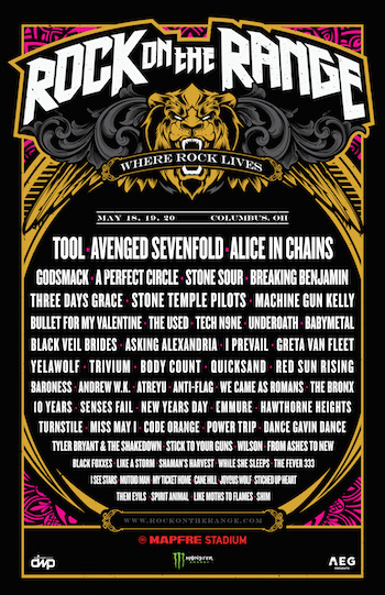 Rock On The Range admat with band lineup and venue details