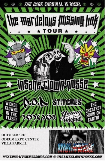 Flyer for Rob Zombie's Great American Nightmare with Insane Clown Posse, P.O.D. and more on October 3 at Odeum Expo Center in Villa Park, IL