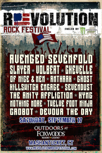 Revolution Rock Festival flyer with band lineup and venue details