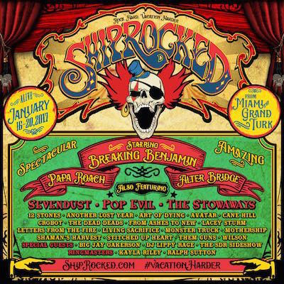 ShipRocked flyer with band lineup, dates, and ports