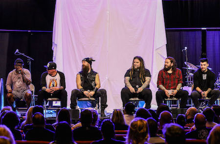 Corey Glover, Sonny Sandoval, Zakk Wylde, Chris Howorth, Shaun Morgan, Dustin Bates sitting for the Artist Q&A on ShipRocked 2018