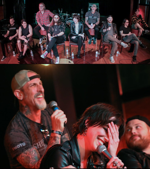 ShipRocked artist Q&A collage (top: Mark Tremonti, Phil Buckman, Burton C. Bell, Joe Hottinger, Lzzy Hale, John Connoly, Danny Worsnop, Myles Kennedy, Chad Gray; bottom: Lzzy Hale reacts to an anecdote Sevendust's John Connoly, with Asking Alexandria's Danny Worsnop in the background)