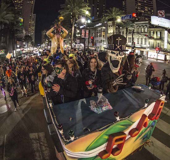 ShipRocked mascot Baron Skully on a float during the Pre-Party Gras Parade in New Orleans