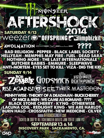 Monster Energy's AFTERSHOCK Festival 2014 flyer with daily band lineup