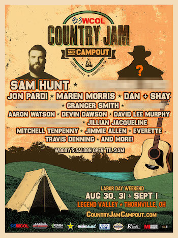 92.3 WCOL Country Jam + Campout flyer with initial music lineup and venue details