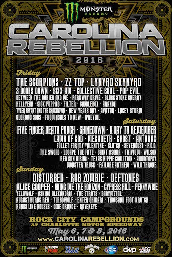 Monster Energy Carolina Rebellion flyer with band lineup and venue details.
