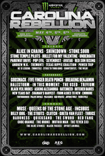 Monster Energy Carolina Rebellion flyer with band lineup and venue details