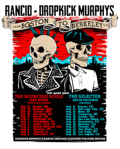 Rancid & Dropkick Murphys From Boston To Berkeley Tour flyer with tour dates and venues. Image of a skeleton with a leather jacket & mohawk and a skeleton in a polo shirt & scally cap.