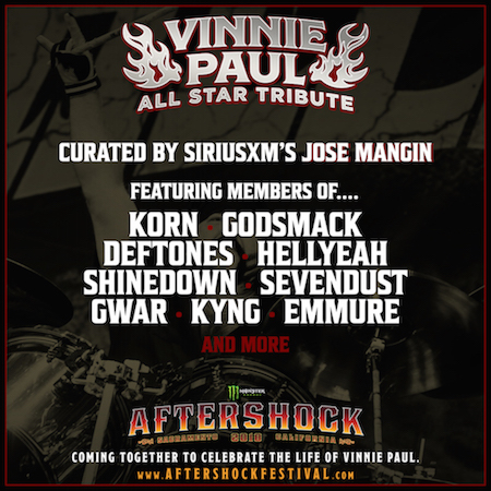 Flyer for Vinnie Paul Tribute at Monster Energy Aftershock with initial list of guest performers