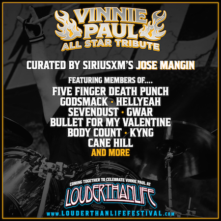 Flyer for Vinnie Paul Tribute at Louder Than Life with initial list of guest performers
