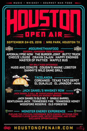 Houston Open Air flyer with Gourmet Man Food and whiskey list