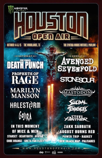 Monster Energy Houston Open Air flyer with daily band lineup and venue details