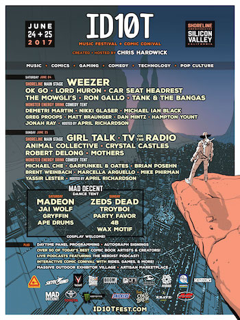 ID10T Music Festival + Comic Conival flyer with music, comedy and comic book lineup 