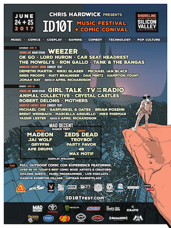 ID10T flyer with music and comedy lineup, venue details, sponsors and more