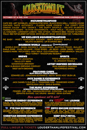 LOUDER THAN LIFE flyer with Gourmet Man Food, bourbon, beer and secondary entertainment details