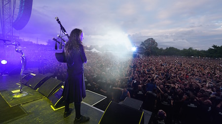 Korn's Jonathan Davis plays the bagpipes in front of a sea of fans at LOUDER THAN LIFE, photo by Strati Hovartos
