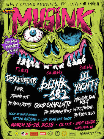 Travis Barker presents the 11th annual MUSINK zombie-themed flyer with band lineup & venue details