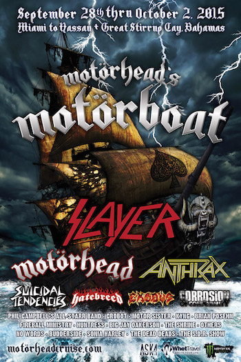 Motorhead's Motorboat flyer with band lineup, cruise dates (Sept. 28-Oct. 2, 2015) and port information.