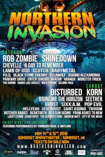 Northern Invasion flyer with daily band lineups and venue details