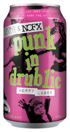 Stone & NOFX Punk in Drublic Hoppy Lager can. Pink can with artwork based on NOFX 'Punk In Drublic' album cover.