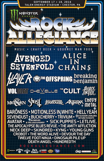 Monster Energy Rock Allegiance flyer with band lineup and venue details