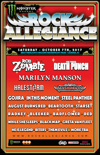 Monster Energy Rock Allegiance flyer with band lineup and venue details