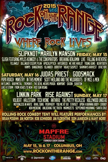 Rock On The Range 2015 flyer with band lineup and venue information