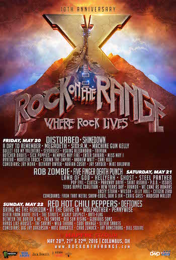 Rock On The Range admat with artist lineup and venue details
