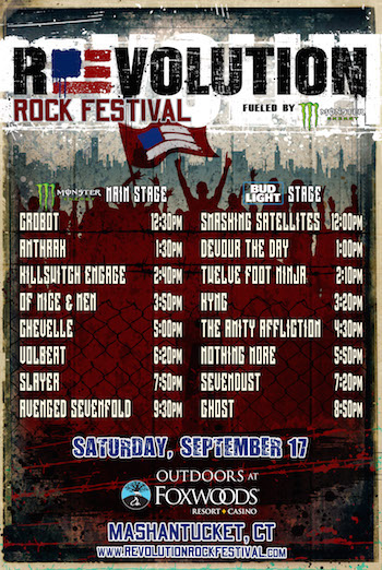 Revolution Rock Festival flyer with band performance schedule and venue details