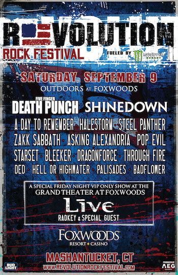 Revolution Rock Festival flyer with band lineup and venue details