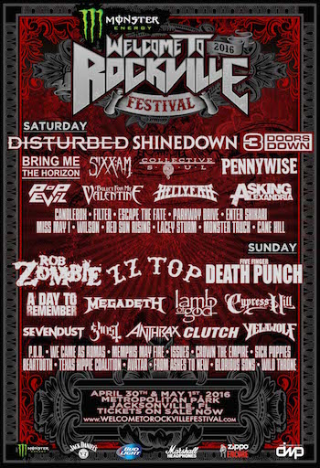 Monster Energy Welcome To Rockville 2016 flyer with band lineup and venue details