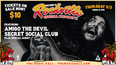 Welcome To Rockville pre-party flyer with show details and photo of Amigo The Devil
