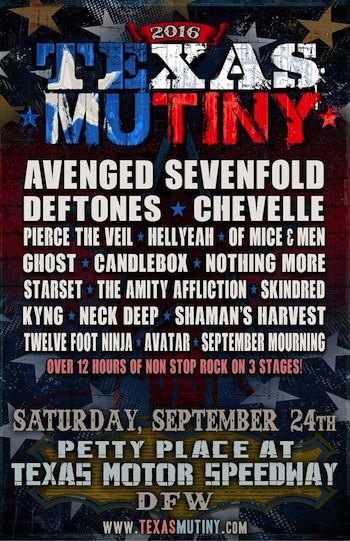 Texas Mutiny flyer with band lineup and venue details