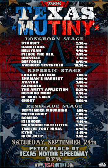 Texas Mutiny flyer with band performance schedule