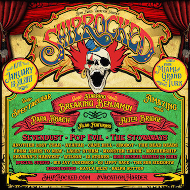 Carnival-themed ShipRocked 2017 flyer with band lineup and cruise itinerary