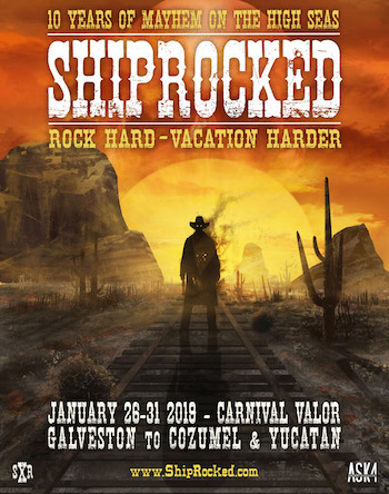 Cowboy-themed ShipRocked 2019 presale flyer with cruise dates & itinerary